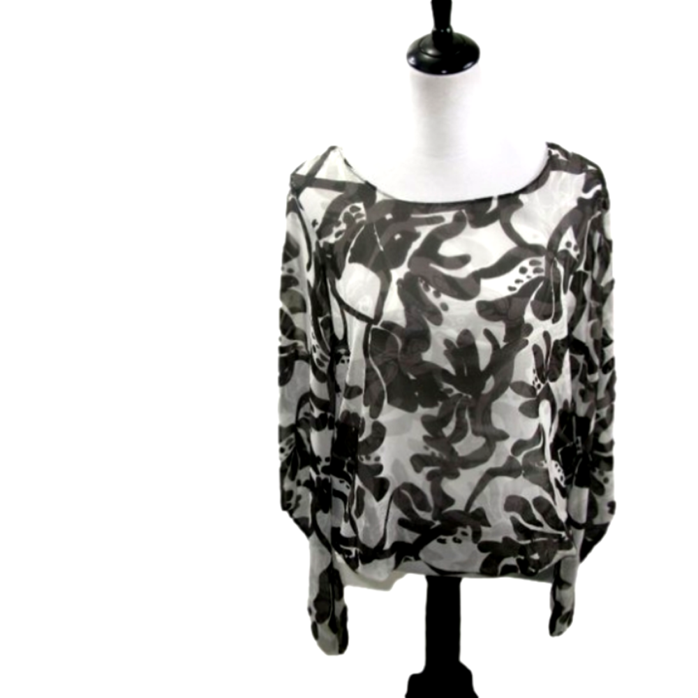 ALFANI Black/White Asian Inspired Sheer Lined Blouse Size Large